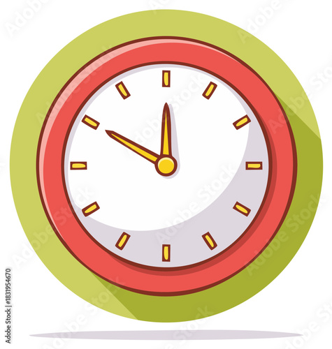 Minimalist cartoon wall clock icon with red frame and yellow hands on a round green background flat design