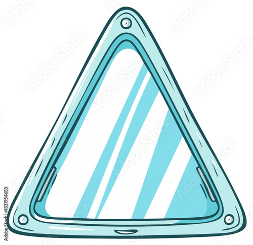 Triangular spaceship porthole window with a metal frame in a cartoon style