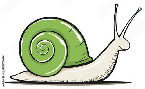 Cartoon snail crawling with green shell and feelers illustration