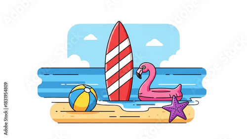 Beach vacation illustration with surfboard, flamingo float, and beach ball