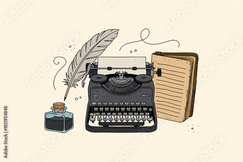 Vintage typewriter with feather quill and inkwell illustration of classic writing tools for creative writing and historical themes