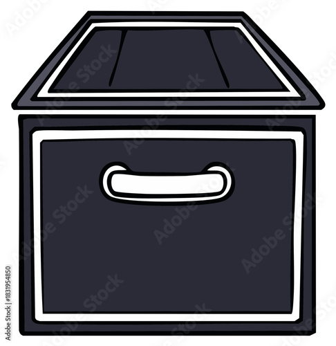 Simple illustration of a dark gray storage bin with a lid and handle