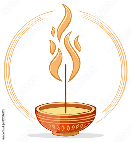 Stylized Illustration of Incense Stick Burning with Flames Above a Decorative Bowl