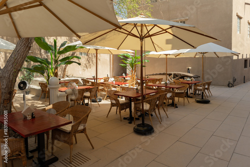 Beautiful views, public space city cafes, on a summer day