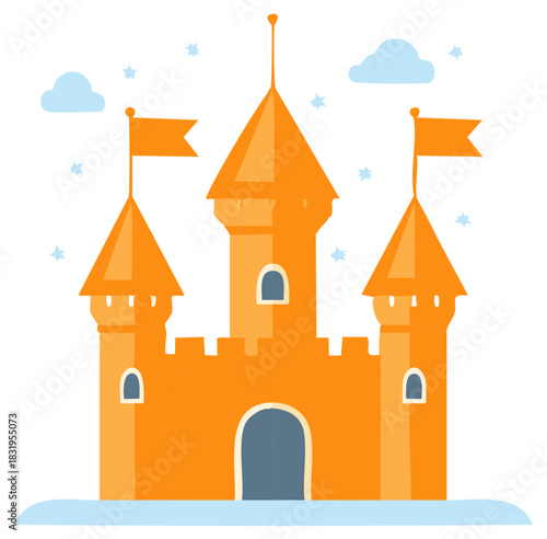 Magical orange fairy tale castle with towers flags and winter snow