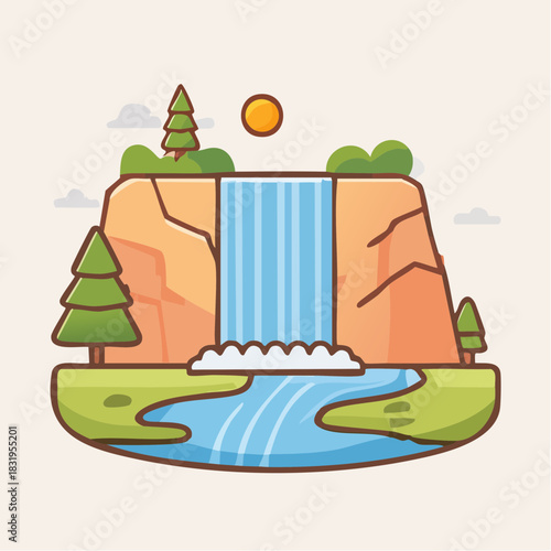 Stylized Waterfall Landscape With Green Trees And A Bright Sun In A Flat Design On A Light Background