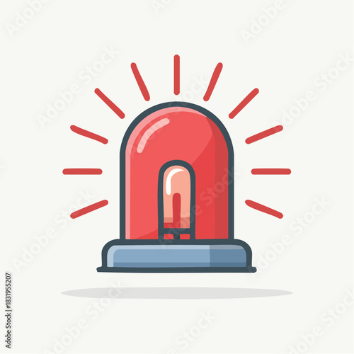 Red Flashing Beacon Light with Internal Bulb and Rays on a Light Gray Background with Subtle Shadows