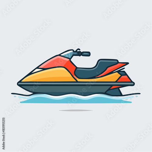 Pixel Art Style Red Yellow and Blue Jet Ski on Water with Subtle Shadow Detail and Clean Background Representing Water Sport and Recreation Activity