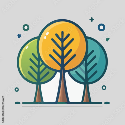 Stylized Group of Three Trees with Yellow Green and Teal Foliage on a Light Gray Background with Abstract Decorative Elements