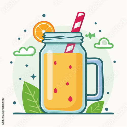 Refreshing Orange Juice In A Mason Jar With A Striped Straw And Green Leaves In The Background