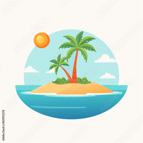 Tropical Island With Palm Trees In The Ocean Under A Bright Sun And Blue Sky With Clouds