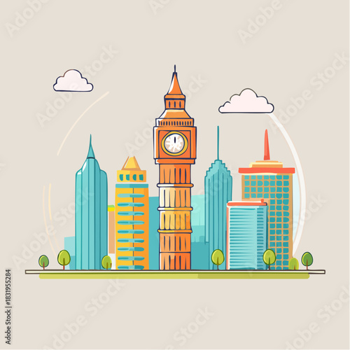 Iconic Clock Tower With Modern Skyscrapers Under Cloudy Sky Flat Design Illustration