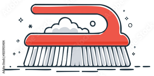 Red Cleaning Brush with Bubbles for Hygiene or Housework, Illustration