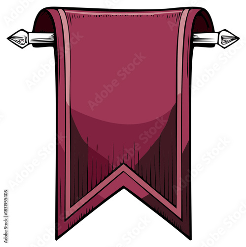 Elegant blank maroon banner scroll illustration suspended on ornate metal rod with pointed finials perfect for design