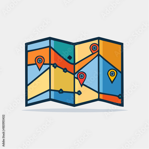Folded Colorful Illustrated Map with Red and Yellow Location Pointers Showing a Route Across Different Colored Regions on a Light Gray Background