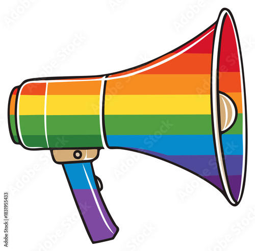 Vibrant rainbow colored megaphone vector icon symbolizing LGBT pride, equality, and vocal advocacy