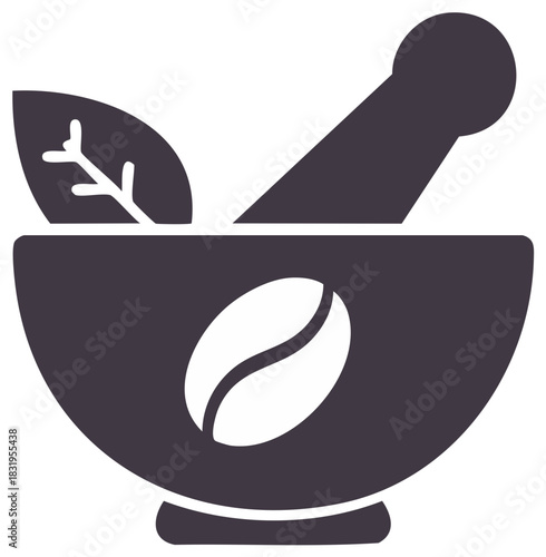 Traditional Mortar and Pestle Icon with Coffee Bean and Green Leaf for Herbal Preparation