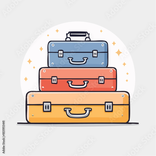 Stack of Three Colorful Vintage Suitcases Blue Orange Coral With Shiny Sparkles And Subtle Sunburst Background For Travel Concept
