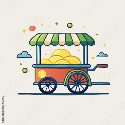 Colorful Street Food Cart Filled With Yellow Produce Under A Striped Green Awning With Small Decorative Lights And Clouds In The Background