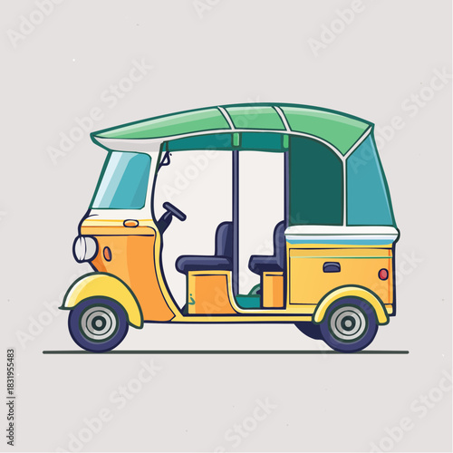 Yellow and Green Three Wheeled Auto Rickshaw Vehicle With Canopy Parked Outdoors Minimalist Style Vector Art