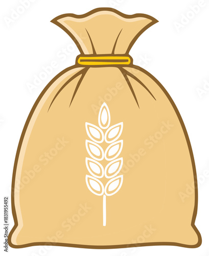 A burlap sack with a wheat stalk symbol and a golden tie, isolated on white