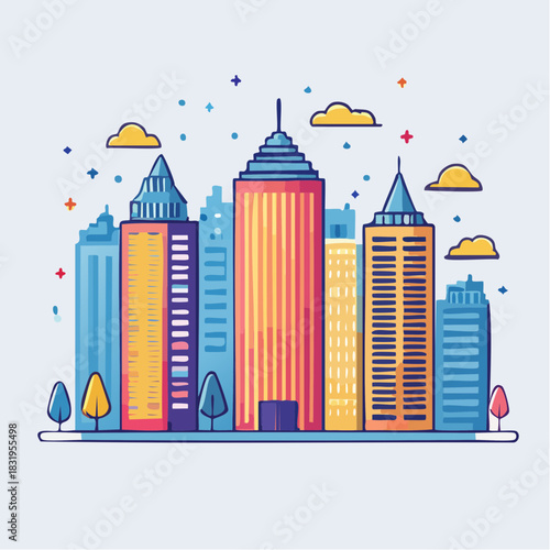 Vibrant Cityscape Collection With Colorful High Rise Buildings And Stylized Trees Under A Starry Sky With Clouds
