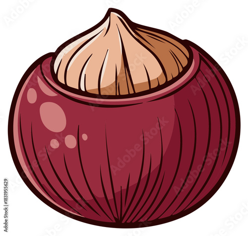 Stylized cartoon drawing of a chestnut nut in its spiky red husk