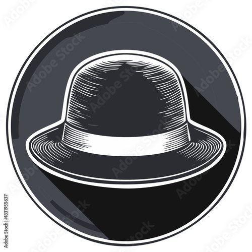 Retro Bowler Hat Graphic Icon, Black and White Engraving Style, Classic Fashion Accessory