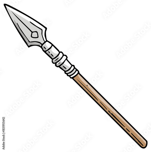 Cartoon Illustration of an Ancient Spear Weapon with a Sharpened Metal Point and Wooden Handle