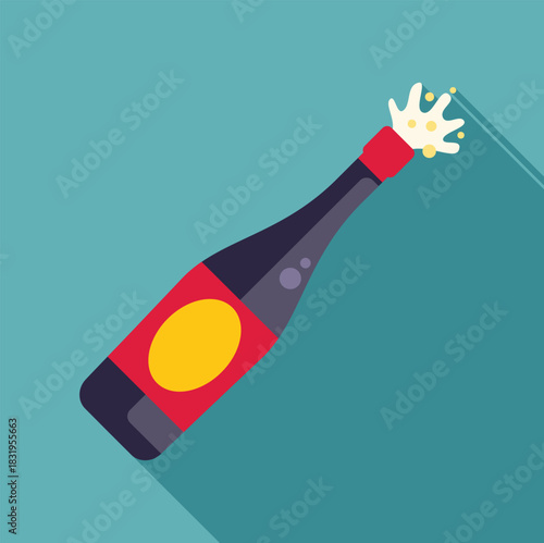 Bottle of sparkling wine popping open, splashing liquid in a festive flat design illustration
