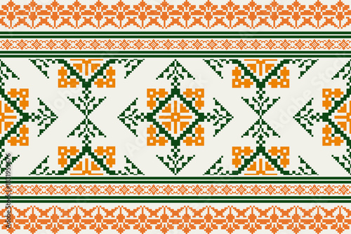 Seamless geometric pattern . pixel pattern. Design for clothing fabric textile ornamentation embroidery Hand stitched pattern . cultural stitching pixel art , Cross stitch pattern