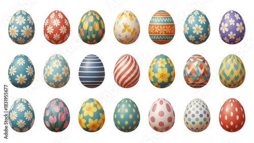 Vibrant collection of decorative Easter eggs, showing diverse patterns and spring motifs for holiday celebrations