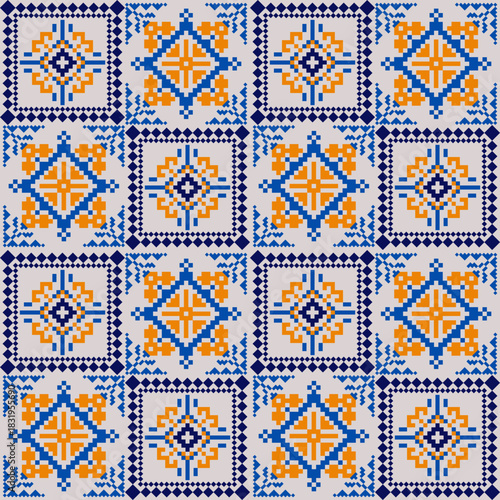 Seamless geometric pattern . pixel pattern. Design for clothing fabric textile ornamentation embroidery Hand stitched pattern . cultural stitching pixel art , Cross stitch pattern