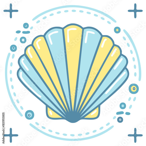 Cute Cartoon Seashell Graphic in Light Blue and Yellow with Decorative Circle and Crosses