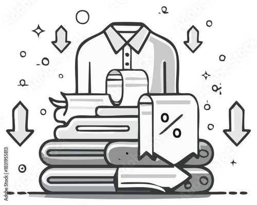 Stack of folded clothes with a receipt showing a percentage symbol and downward arrows