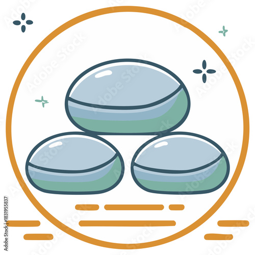 Stack of three blue-green oval shaped contact lenses inside a circle