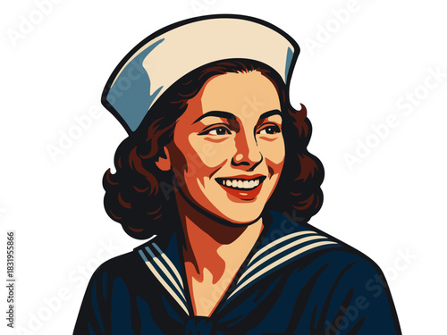woman in vintage navy uniform, ideal for military, patriotism, or retro themes. vector colorful pop art illustration.