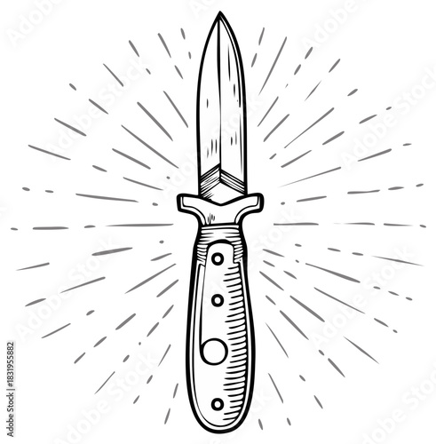 Hand drawn black and white vintage dagger knife sketch with radial lines