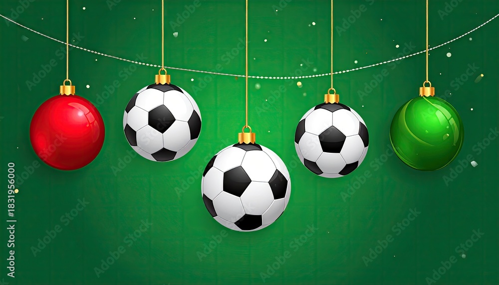 Fototapeta premium Festive soccer ball Christmas ornaments hanging on a green chalkboard background.