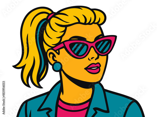 fashionable woman with blonde hair, cat-eye sunglasses, and retro flair in pop art style. Generative ai vector colorful pop art illustration.