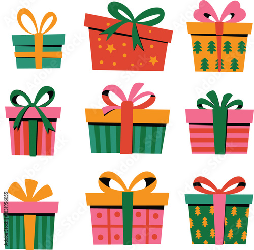 Nine colorful gift boxes, festive wrapping, holiday packaging, birthday presents, cheerful ribbons, vibrant patterns, celebration theme, party decoration, surprise elements, joy