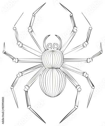 Stylized spider illustration in black and white line art for a Halloween or coloring book design