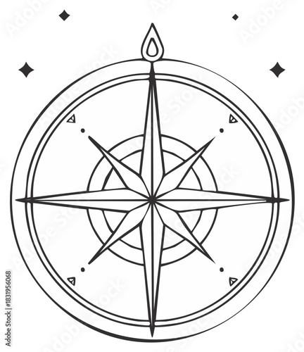Line art compass rose illustration with stars, navigational tool and guidance