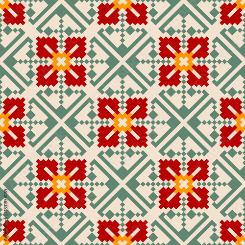 Seamless geometric pattern . pixel pattern. Design for clothing fabric textile ornamentation embroidery Hand stitched pattern . cultural stitching pixel art , Cross stitch pattern