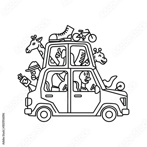 Overloaded cartoon car for safari adventure, funny travel trip