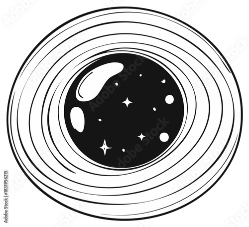 Mystical celestial crystal ball with a starry cosmos and swirling energy illustration