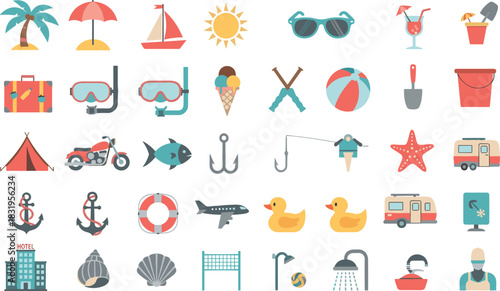 Collection of flat design icons representing summer vacation and travel elements beach holiday