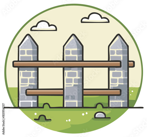 Cartoon style stone picket fence illustration with clouds and green grass