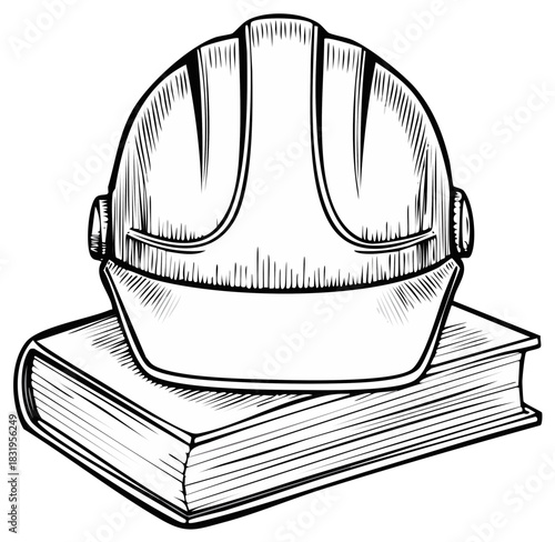 Engraved style illustration of a construction hard hat on a book for safety regulations or building codes