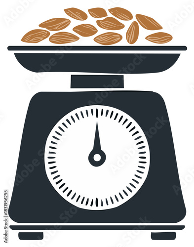 Kitchen scale with pile of almonds on weighing pan